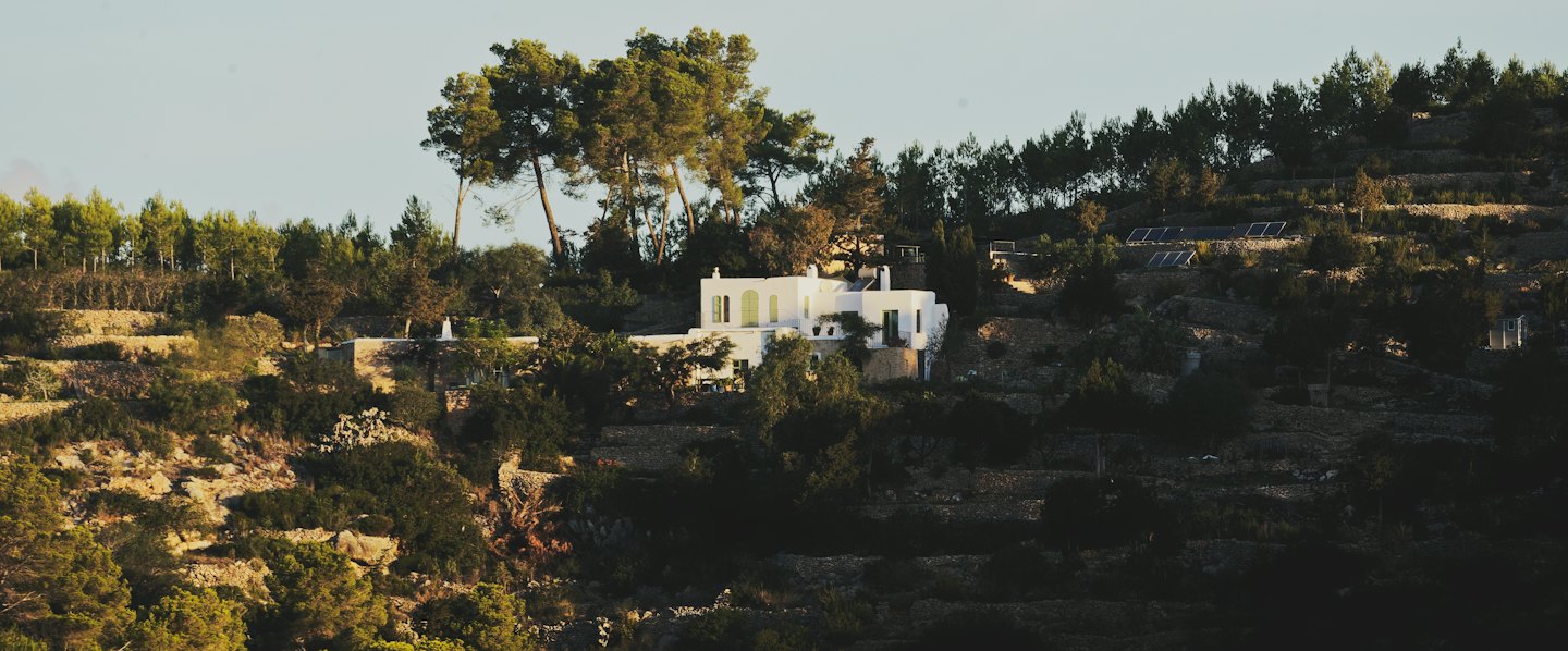 White villa on terraced hillside with pine trees.